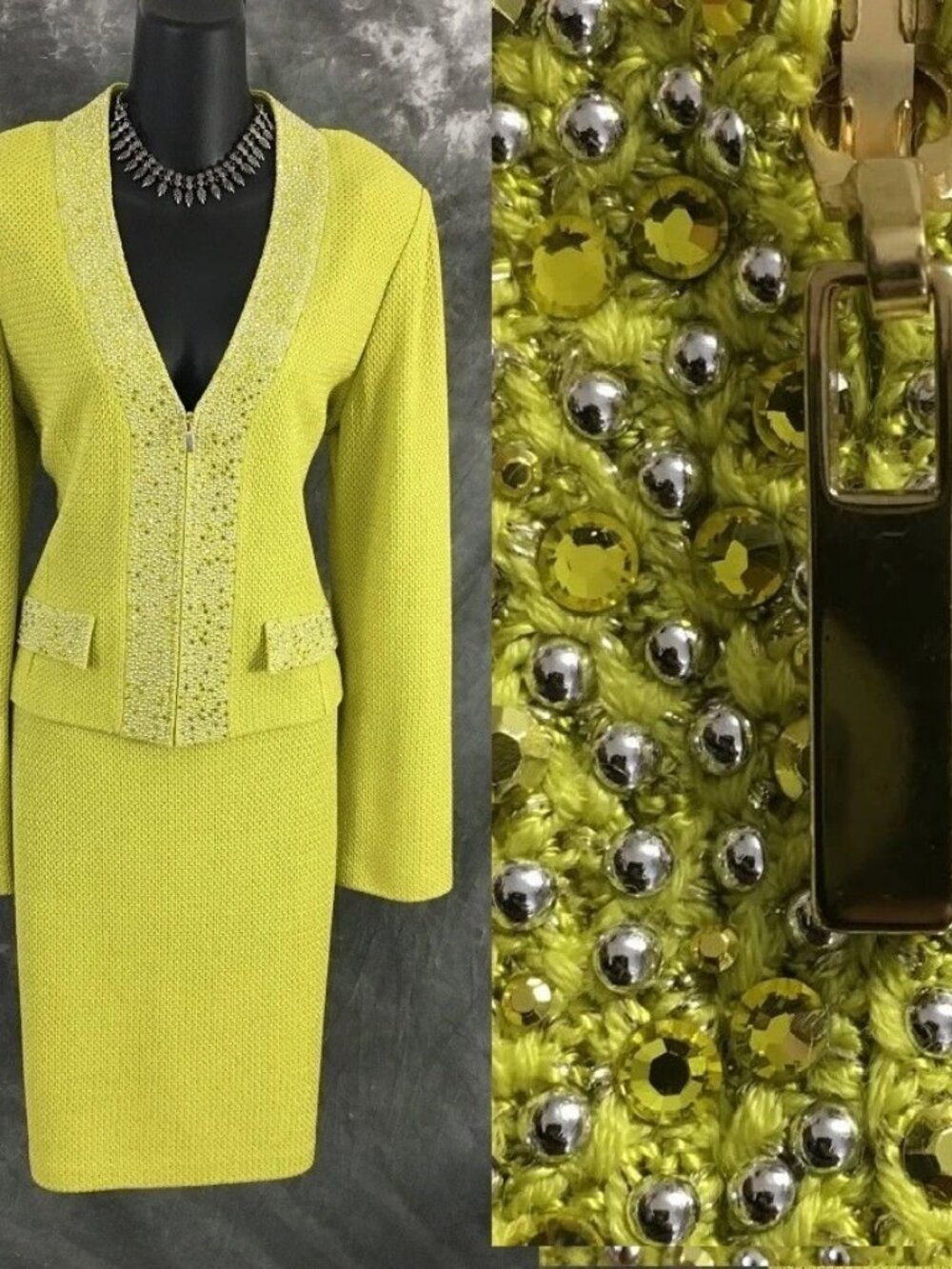NEW STUNNING St John knit yellow green rhinestones embellished skirt suit 10